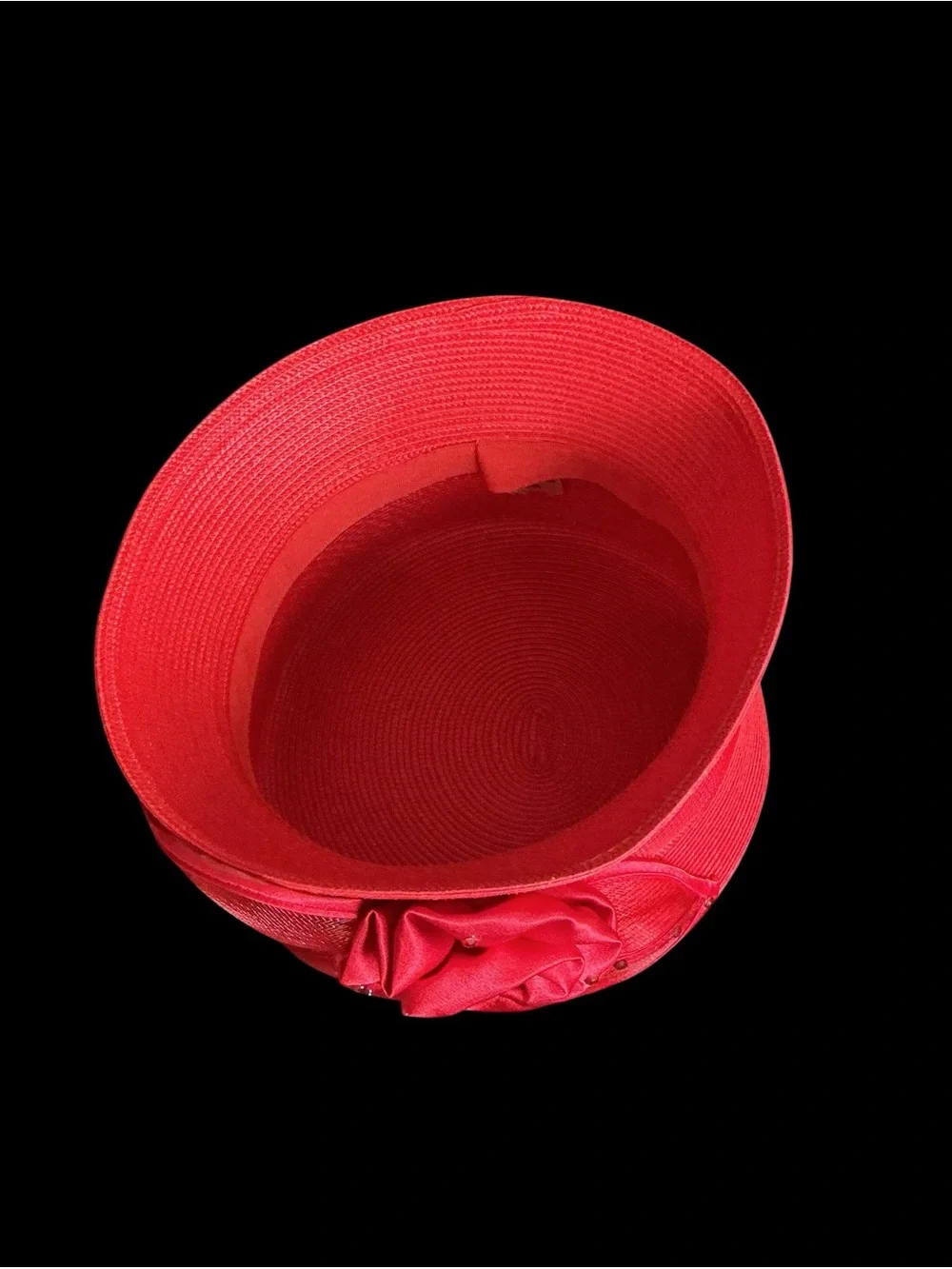 Women's New York Red Straw Hat with Satin Flower, Derby Hat, Sunday Best
